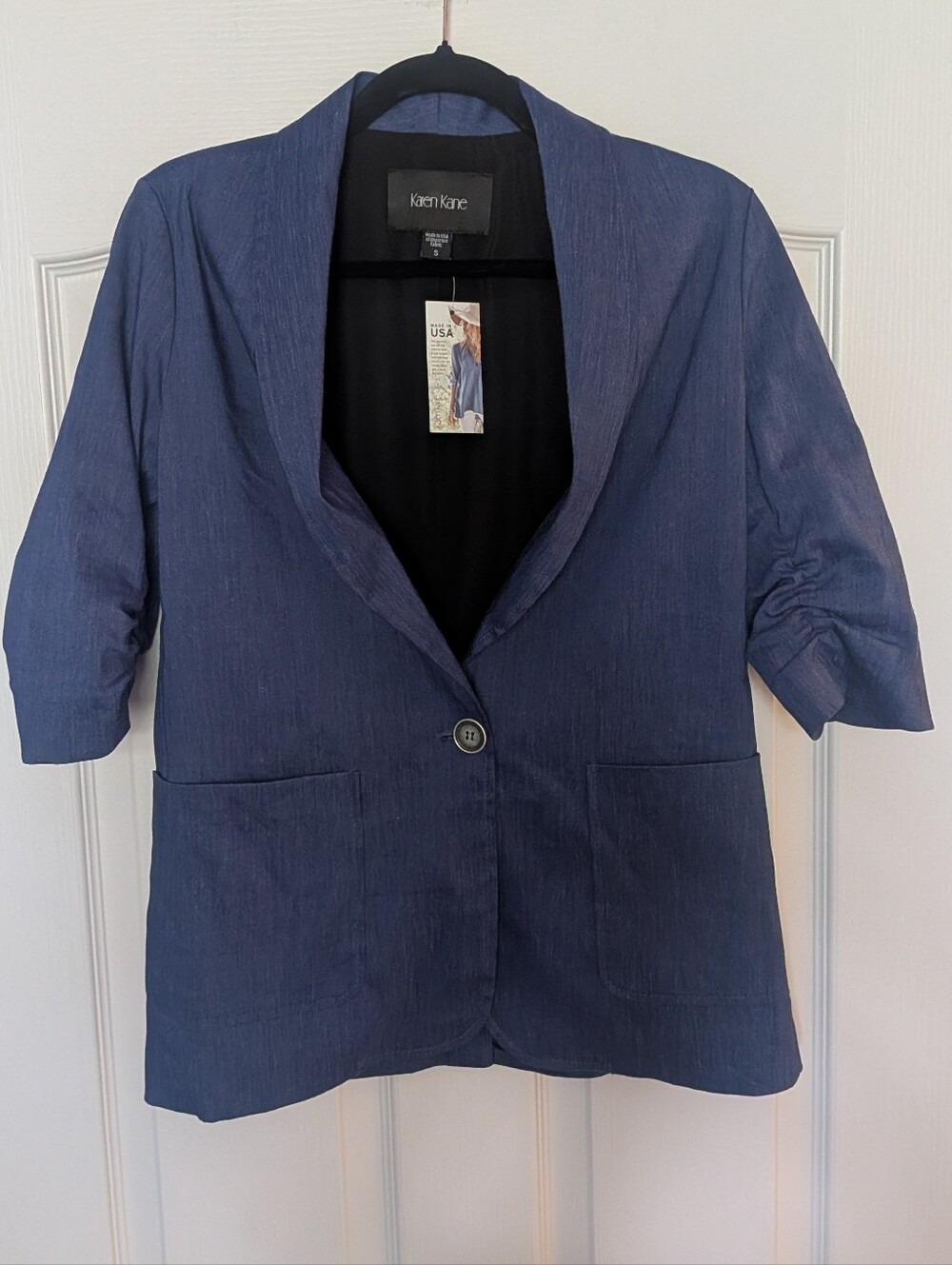 Karen Kane Linen Blend Navy Short-Sleeve Blazer Jacket